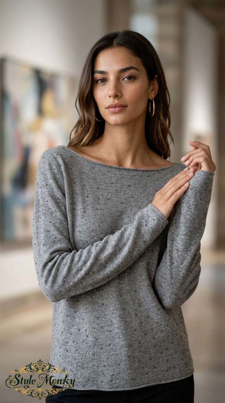 DKNY Lambswool Angora Sweater Size L Gray Beaded